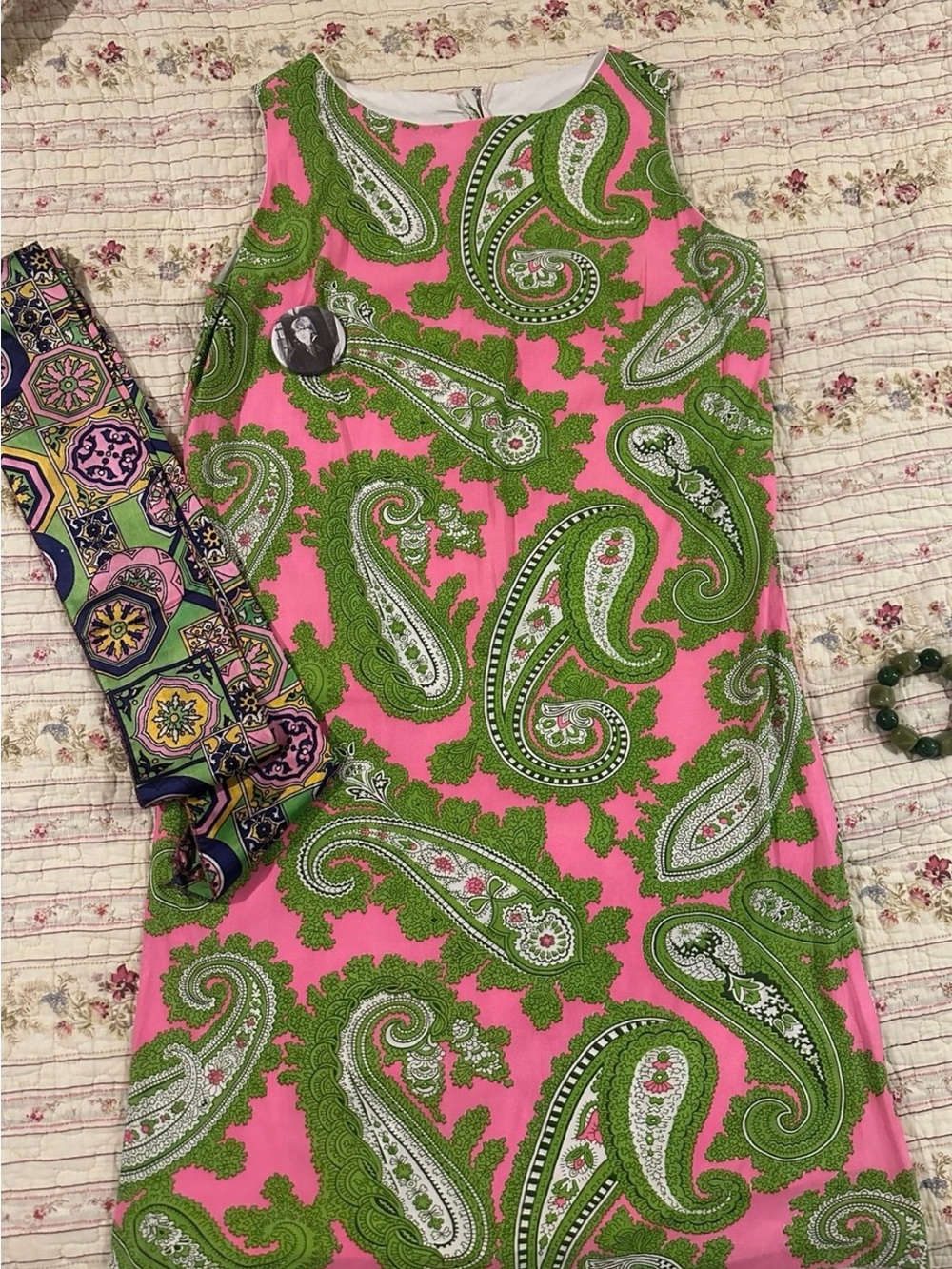 True Vintage 60s Mod Pink Green Paisley Shift Dress Psychedelic Dopamine Sz S/M